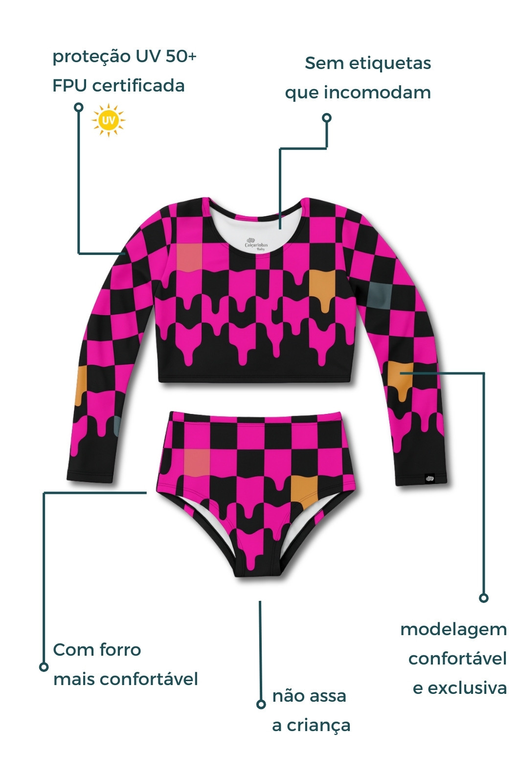 Cropped Manga Longa e Calcinha Alta Proteção UV50+ Rosa com Preto Cropped Manga Longa e Calcinha Alta Proteção UV50+ Rosa com Preto