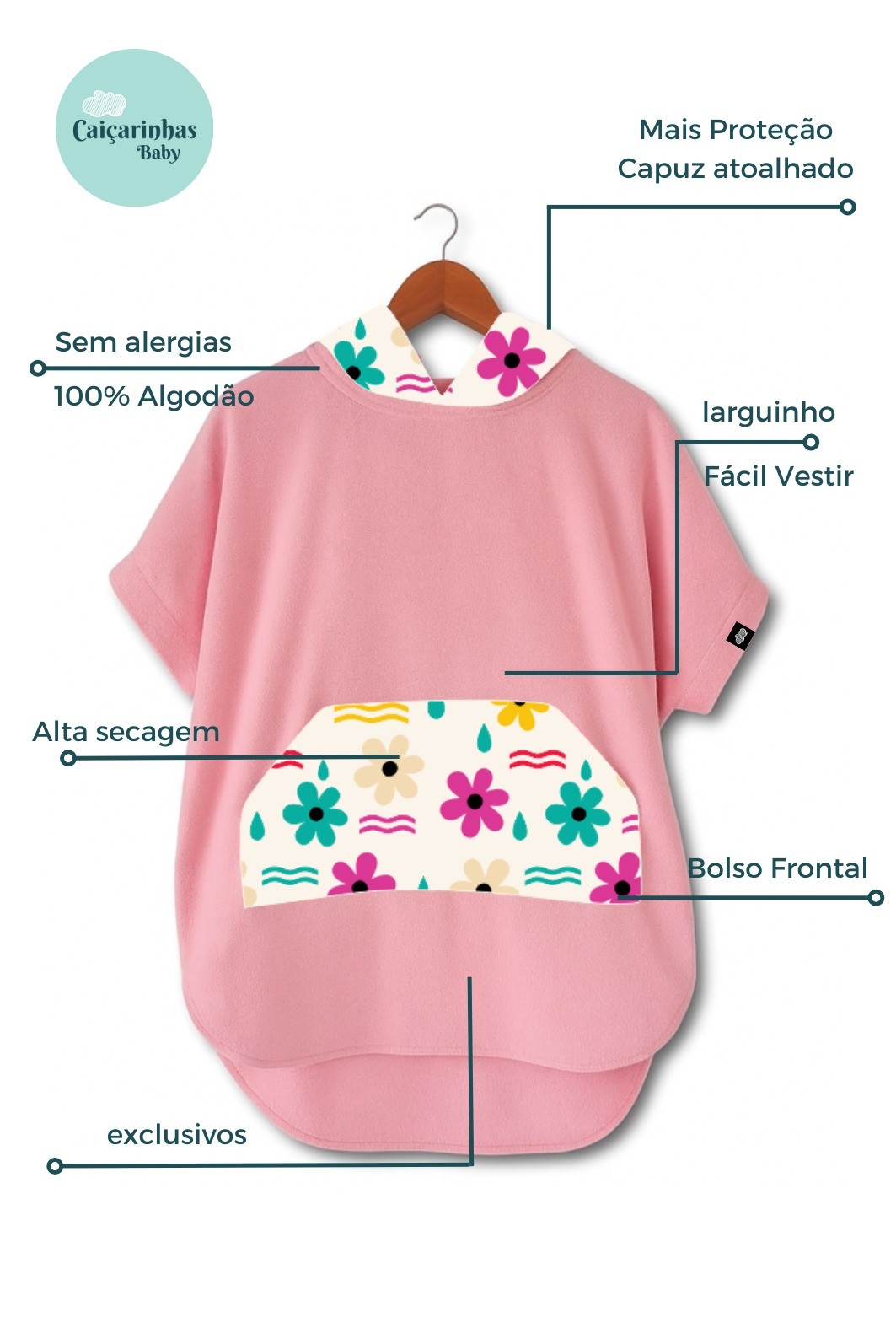 Roupão Poncho Infantil Com Capuz 100% Algodão Atoalhado Super Secagem Proteção UV50+ Rosa Dona Flor