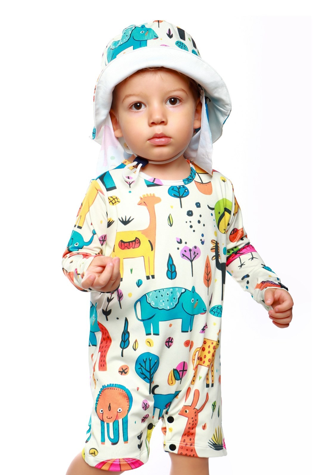 Macacão Praia Bebê Proteção Solar UV 50+ Manga Longa Off White Animais Abstratos Macacão Praia Bebê Proteção Solar UV 50+ Manga Longa Off White Animais Abstratos
