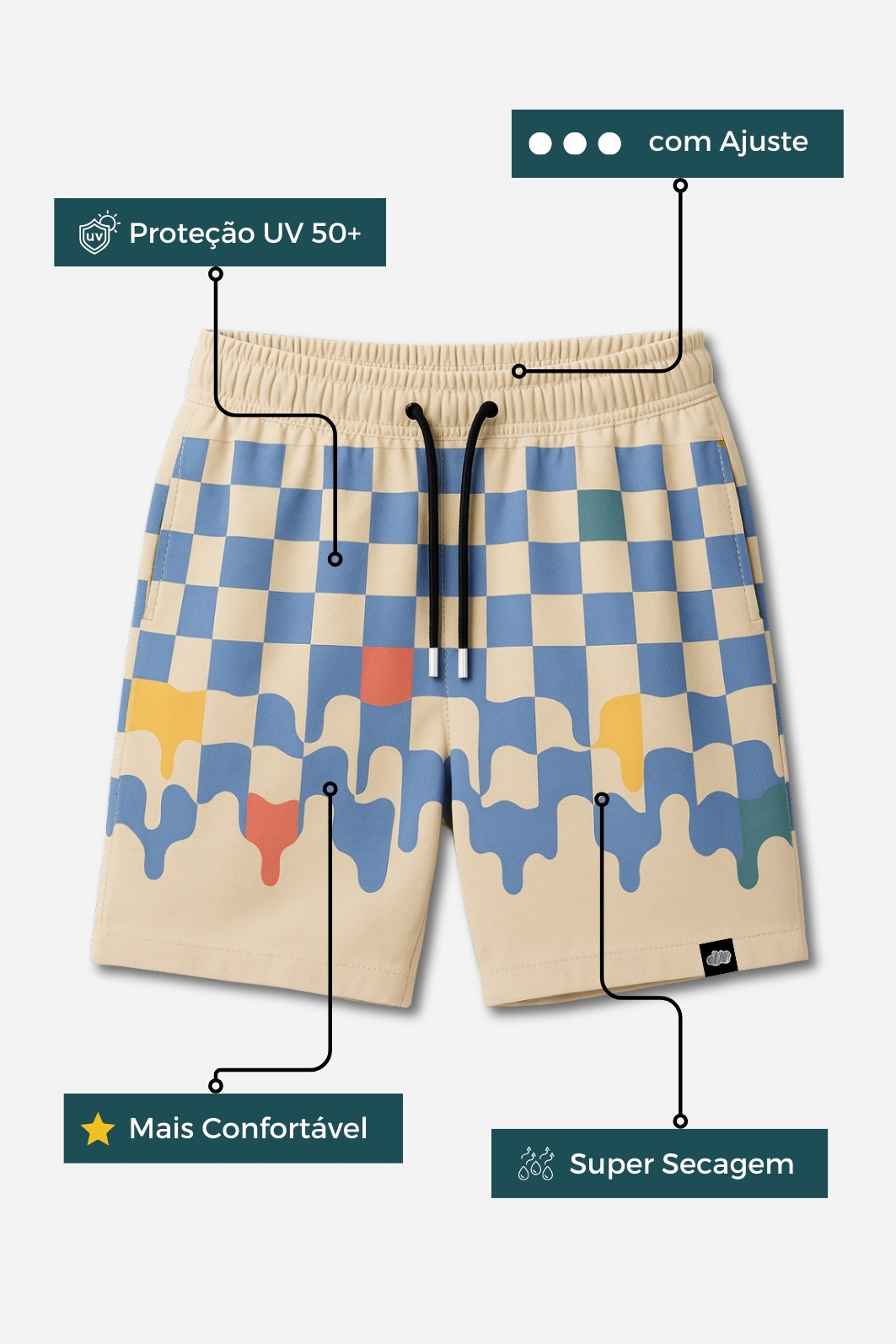 Short Infantil Tactel com ajuste na cintura UV 50+ Off White com Azul Quadriculados Short Infantil Tactel com ajuste na cintura UV 50+ Off White com Azul Quadriculados