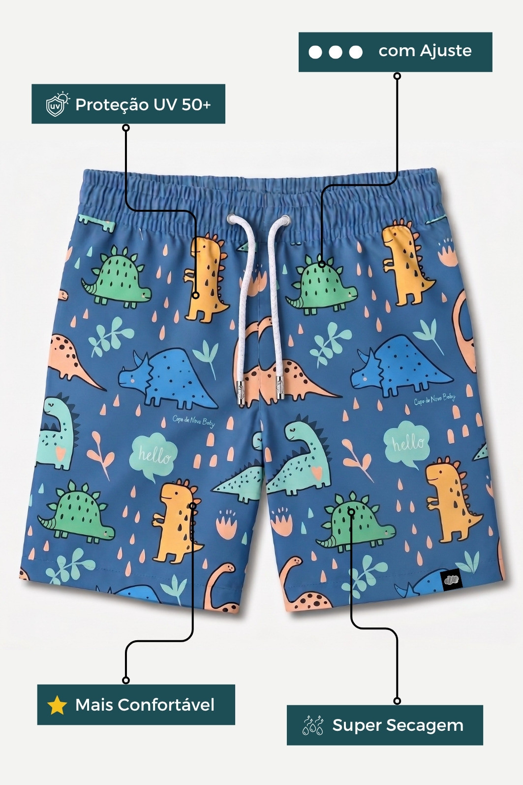 Short Infantil Tactel de banho com ajuste na cintura e proteção UV 50+ Azul Dinossauros