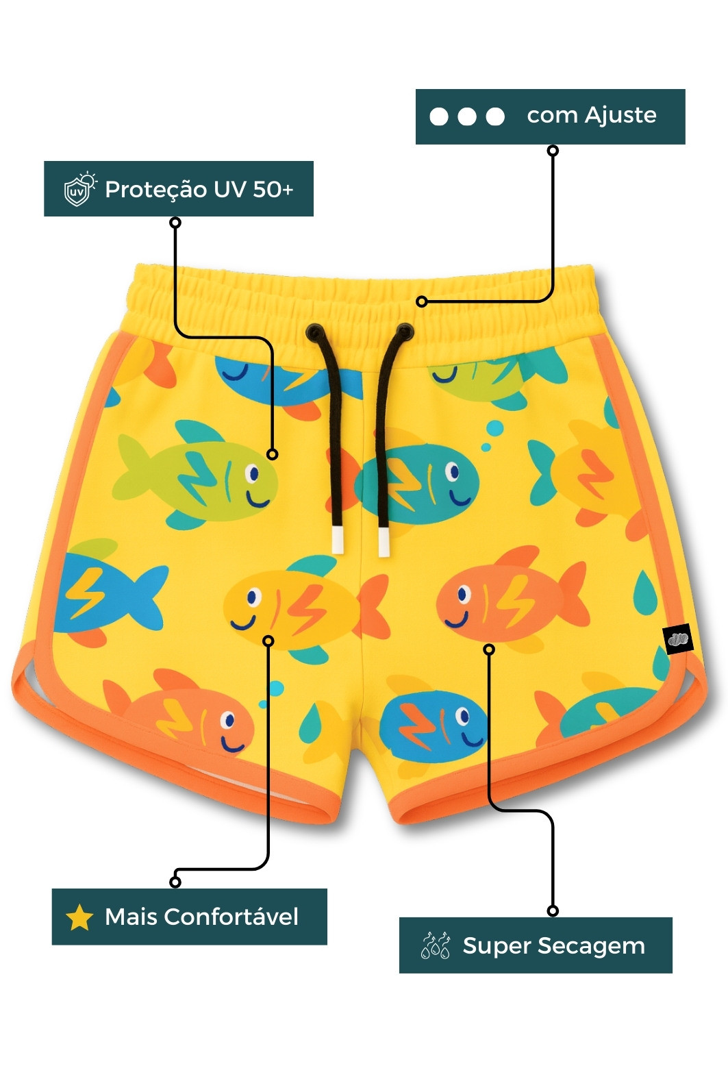 Short Infantil Boleado Tactel com ajuste na cintura UV 50+o Amarelo Peixinhos
