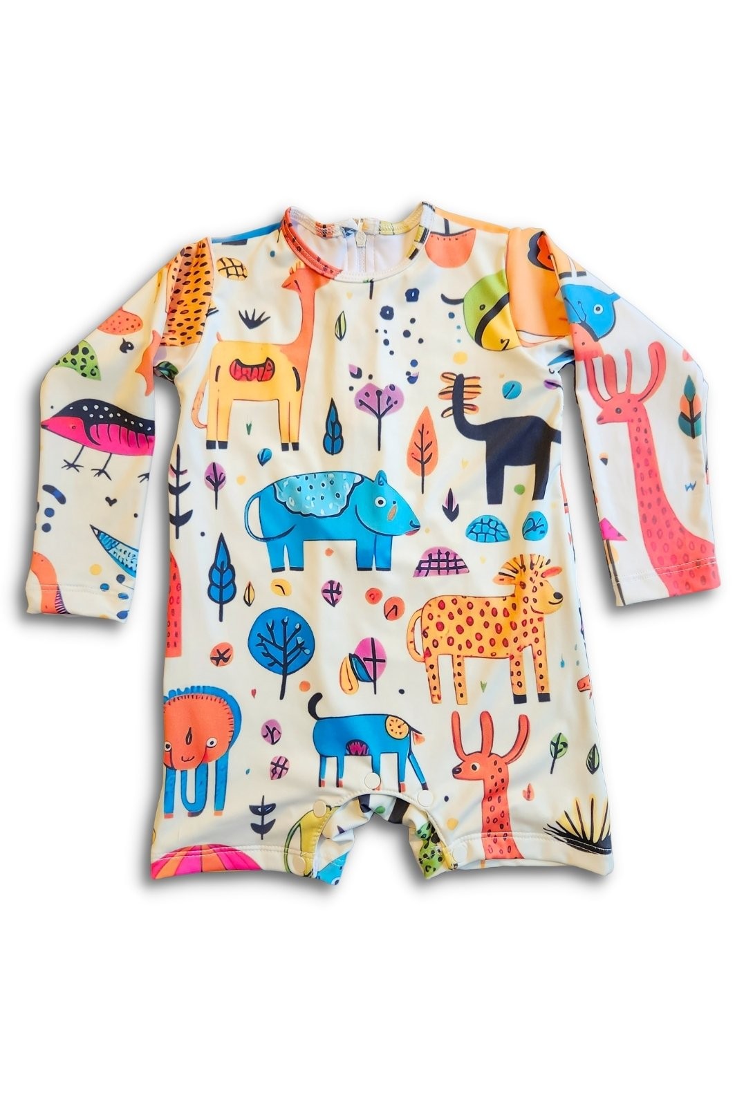 Macacão Praia Bebê Proteção Solar UV 50+ Manga Longa Off White Animais Abstratos Macacão Praia Bebê Proteção Solar UV 50+ Manga Longa Off White Animais Abstratos