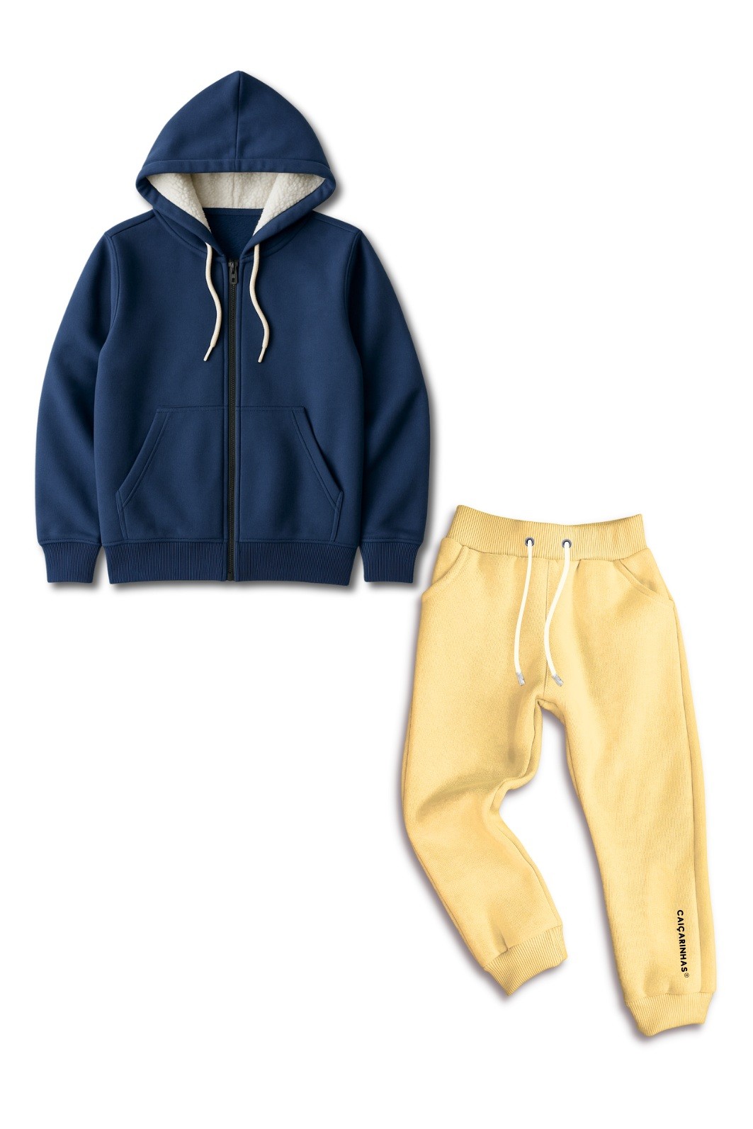 Kit Casaco com Zíper Azul Marinho e Calça Jogger Amarelo Moletom Confort