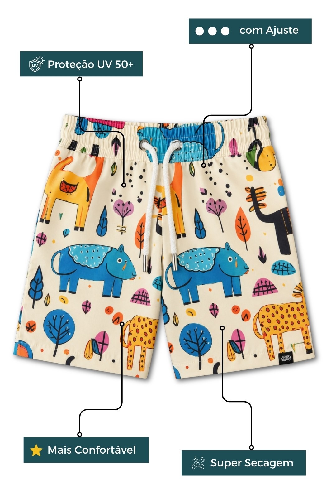 Short Tactel UV Bege Animais Abstratos Short Tactel UV Bege Animais Abstratos