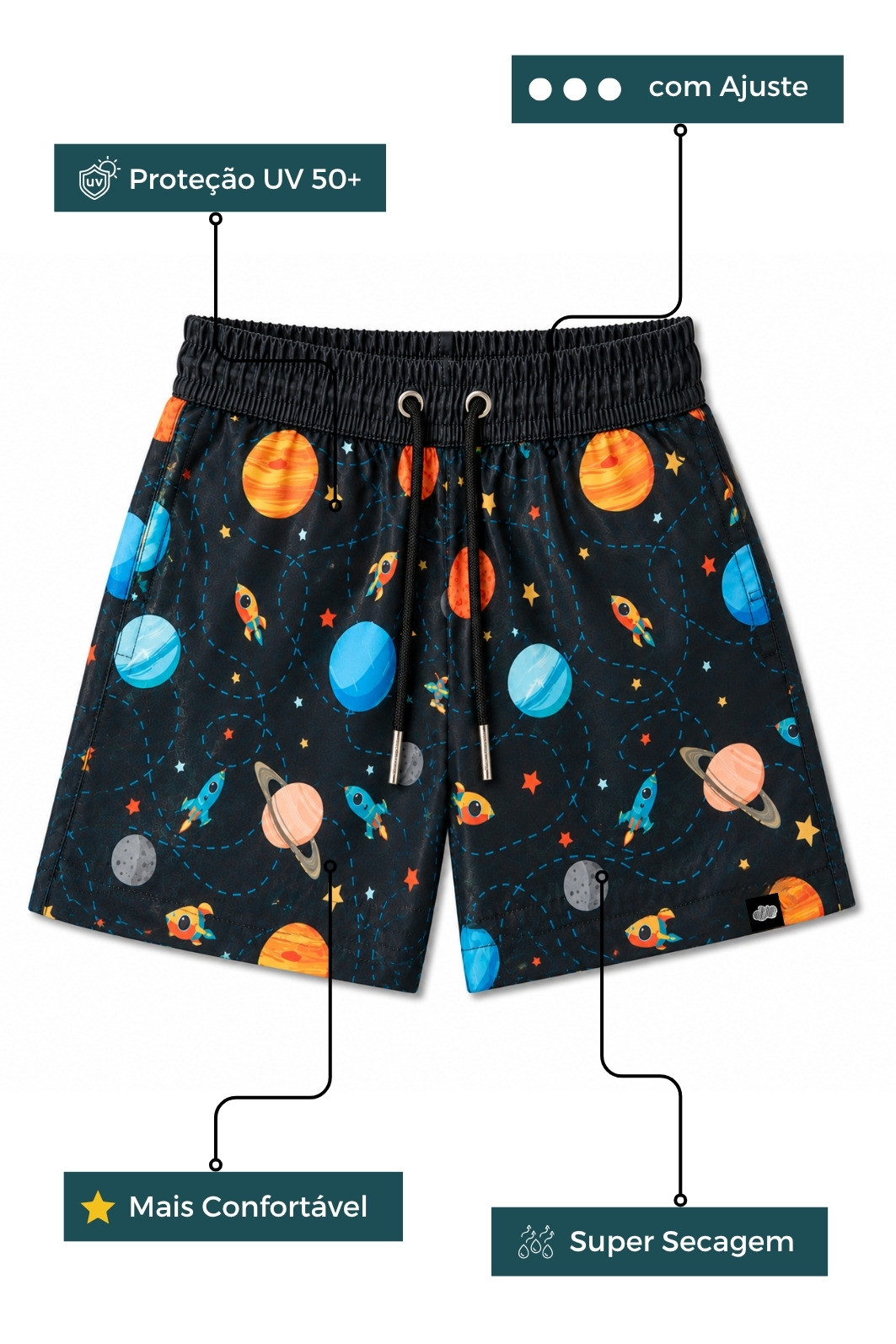 Short Infantil Tactel de banho com ajuste na cintura e proteção UV 50+ Preto Universo Short Infantil Tactel de banho com ajuste na cintura e proteção UV 50+ Preto Universo