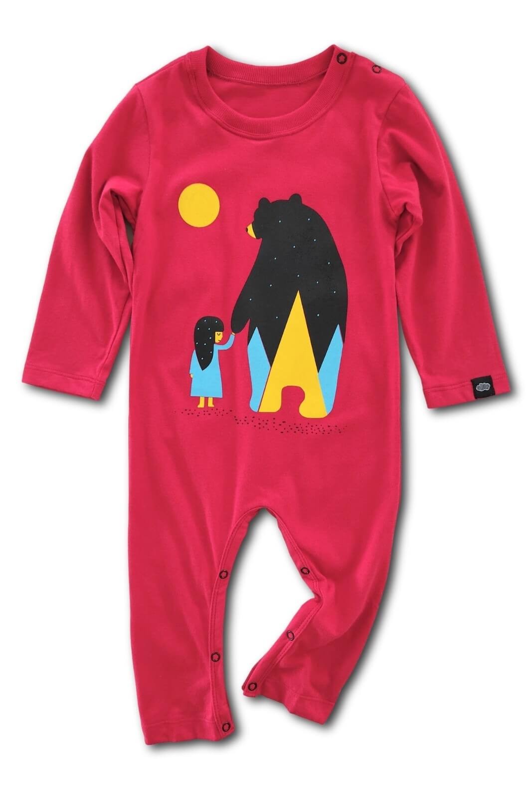 Macacão Bebê Longo Manga Longa Algodão Sustentável Confortável Vermelho Menina e Urso