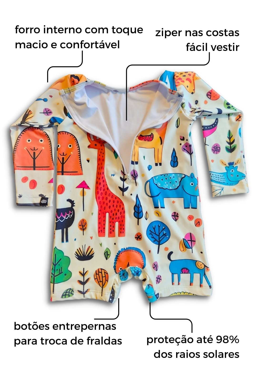 Macacão Praia Bebê Proteção Solar UV 50+ Manga Longa Off White Animais Abstratos Macacão Praia Bebê Proteção Solar UV 50+ Manga Longa Off White Animais Abstratos
