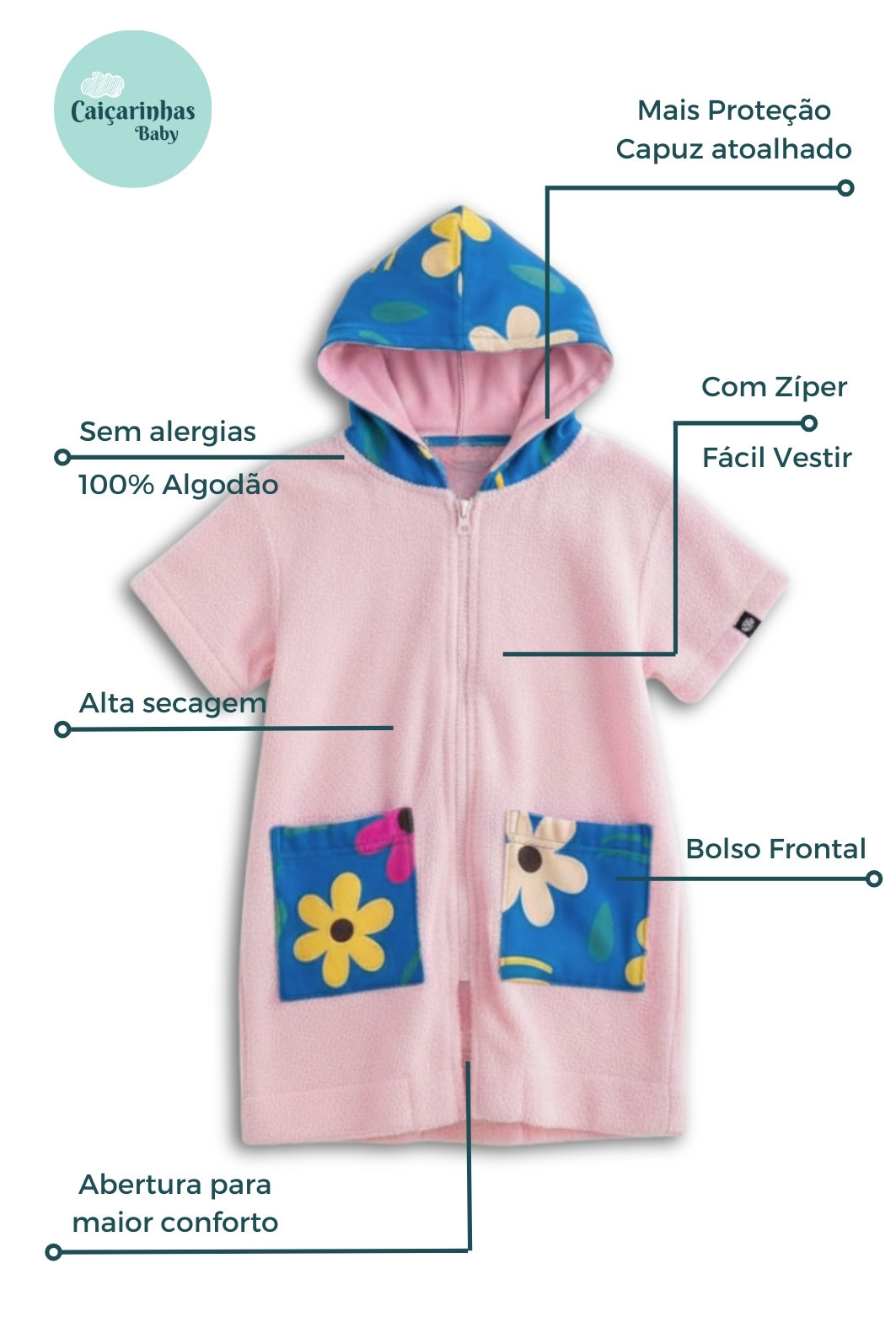 Roupão Infantil Com Capuz 100% Algodão Atoalhado Super Secagem Proteção UV50+ Rosa Dona Flor Roupão Infantil Com Capuz 100% Algodão Atoalhado Super Secagem Proteção UV50+ Rosa Dona Flor