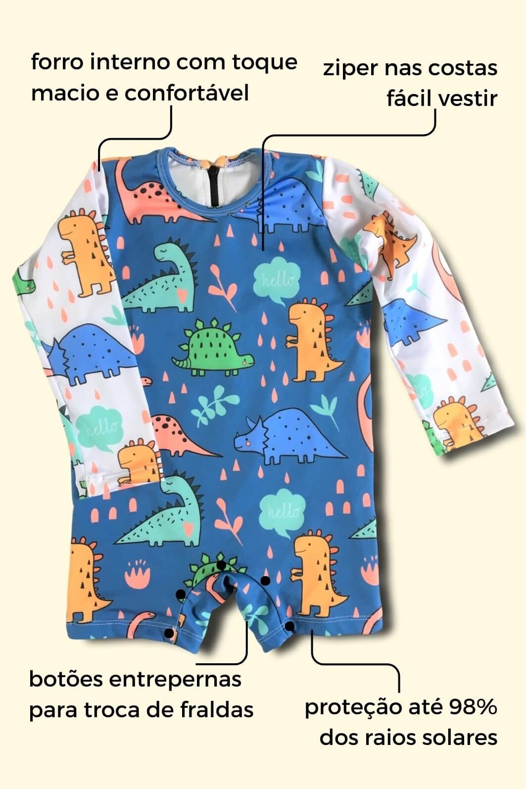 Macacão Praia Bebê Proteção Solar UV 50+ Manga Longa Azul Dinossauros Macacão Praia Bebê Proteção Solar UV 50+ Manga Longa Azul Dinossauros