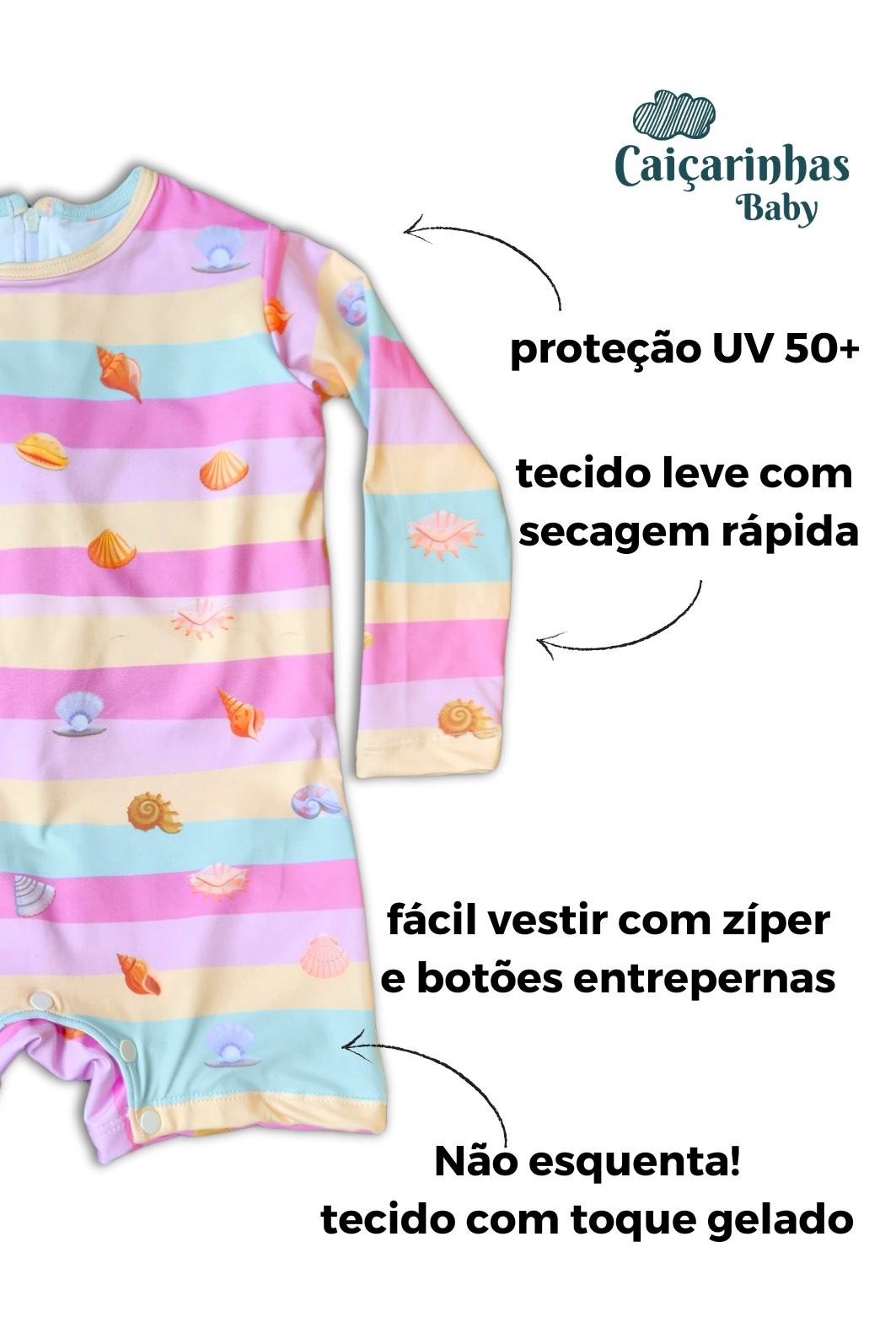 Macacão Praia Bebê Proteção Solar UV 50+ Manga Longa Rosa Conchinhas Macacão Praia Bebê Proteção Solar UV 50+ Manga Longa Rosa Conchinhas