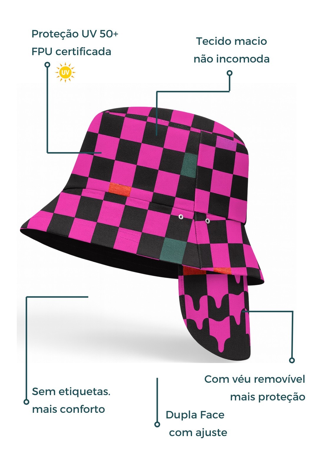 Chapéu infantil Proteção Solar UV 50+ Dupla Face Ajustável Rosa Quadriculados Chapéu infantil Proteção Solar UV 50+ Dupla Face Ajustável Rosa Quadriculados