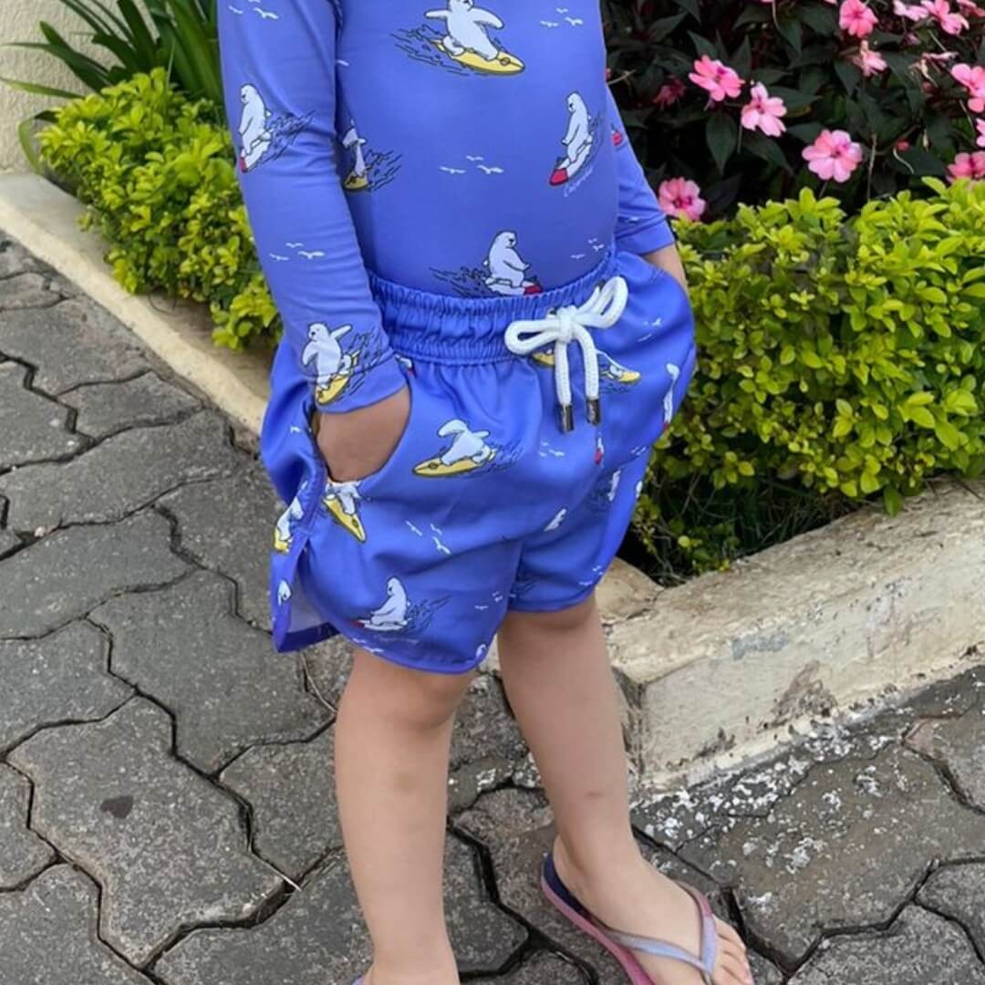 Short Infantil Tactel curto de banho com ajuste na cintura e Proteção UV 50+ Roxo Urso
