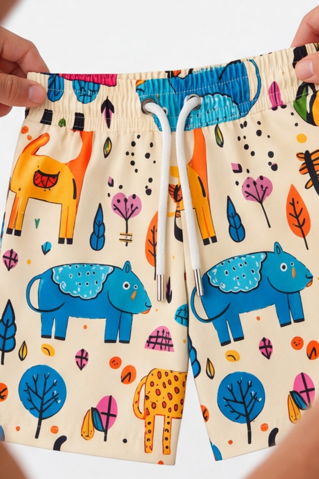 Short Tactel UV Bege Animais Abstratos Short Tactel UV Bege Animais Abstratos