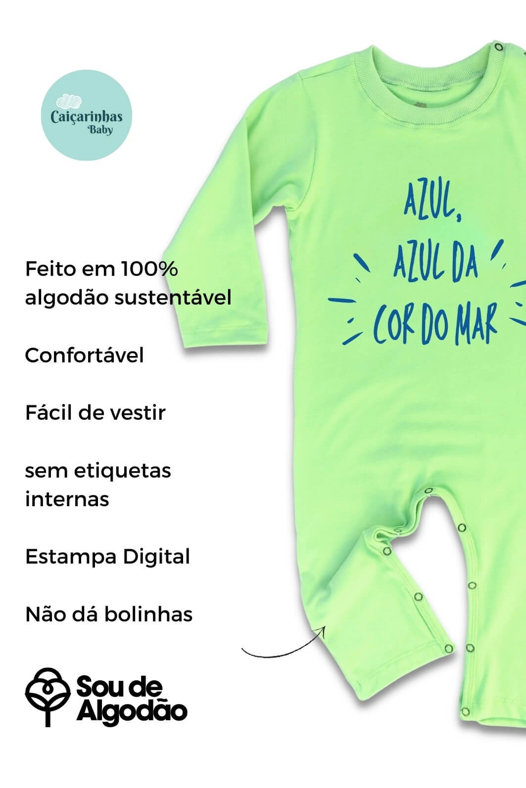 Macacão Bebê Longo Manga Longa Verde Claro "Azul da Cor do Mar" Macacão Bebê Longo Manga Longa Verde Claro "Azul da Cor do Mar"