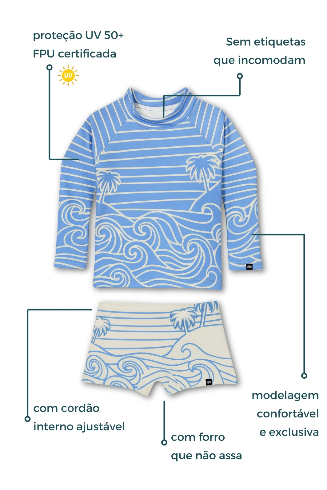 Camisa + Sunga Proteção UV50+ Confortável Azul Beach On Camisa + Sunga Proteção UV50+ Confortável Azul Beach On