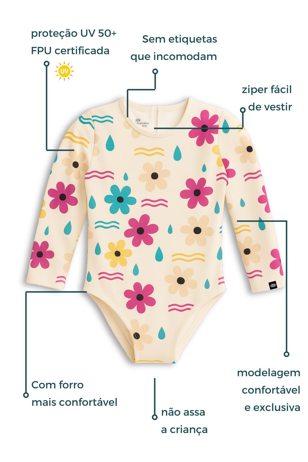 Maiô Manga Longa Proteção UV50+ Confortável Off White Dona Flor