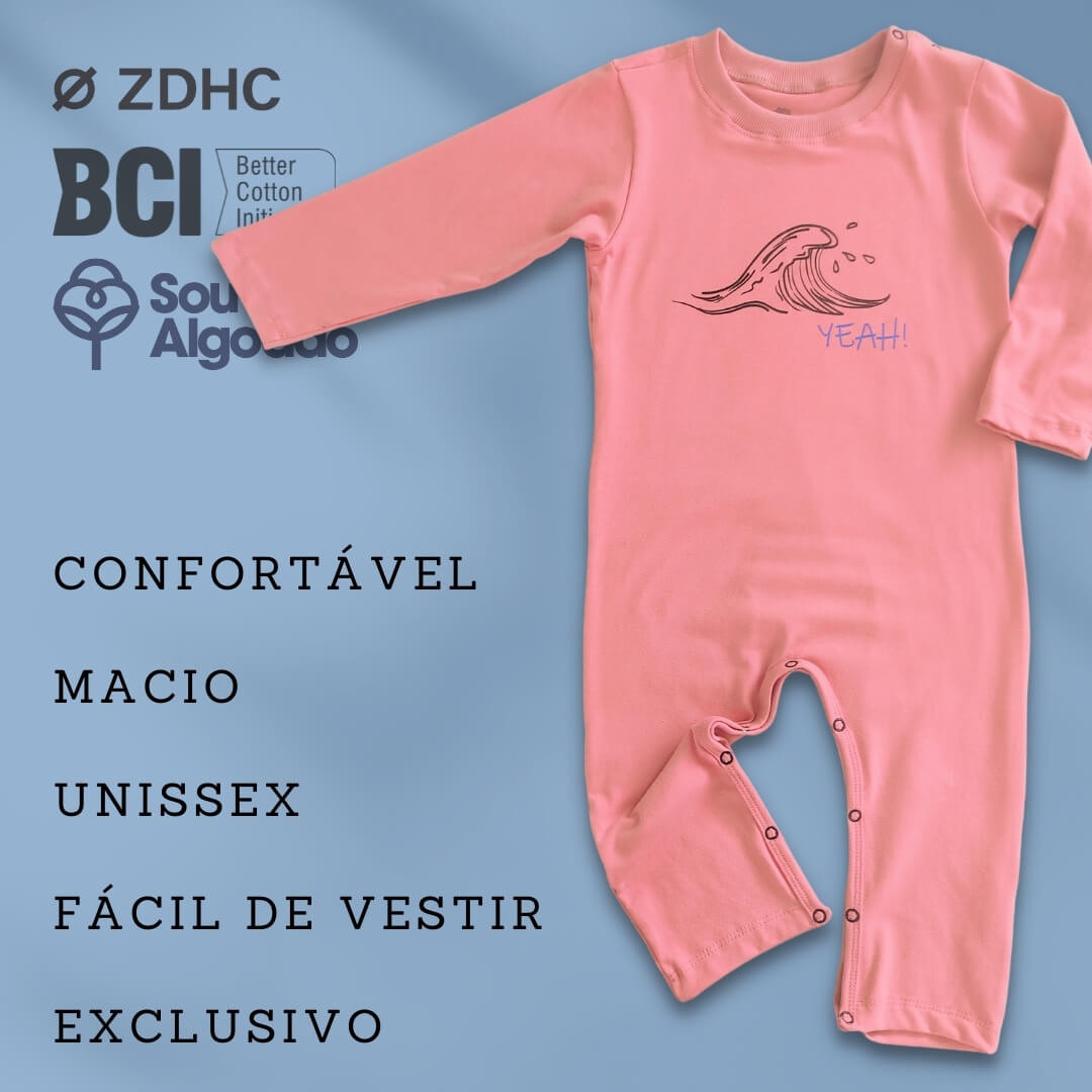 Macacão Bebê Longo Manga Longa Algodão Sustentável Confortável Rosa Onda Yeah Macacão Bebê Longo Manga Longa Algodão Sustentável Confortável Rosa Onda Yeah