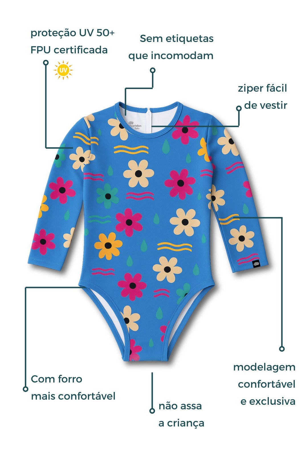 Maiô Manga Longa Proteção UV50+ Confortável Azul Dona Flor