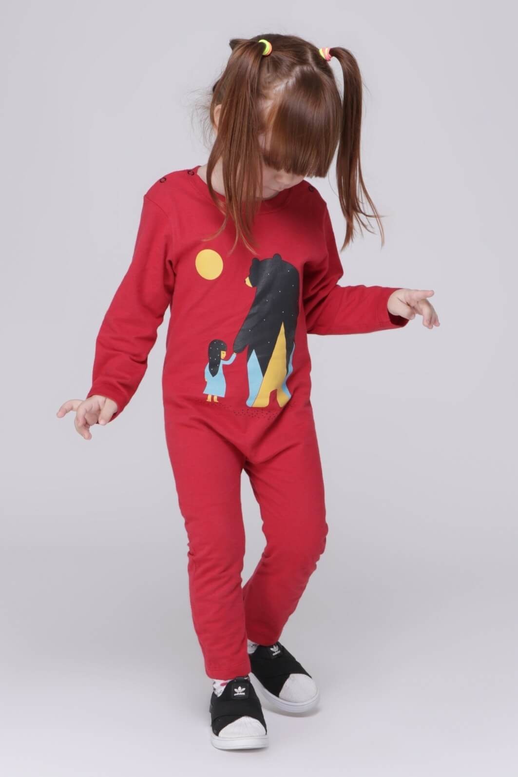 Macacão Bebê Longo Manga Longa Algodão Sustentável Confortável Vermelho Menina e Urso