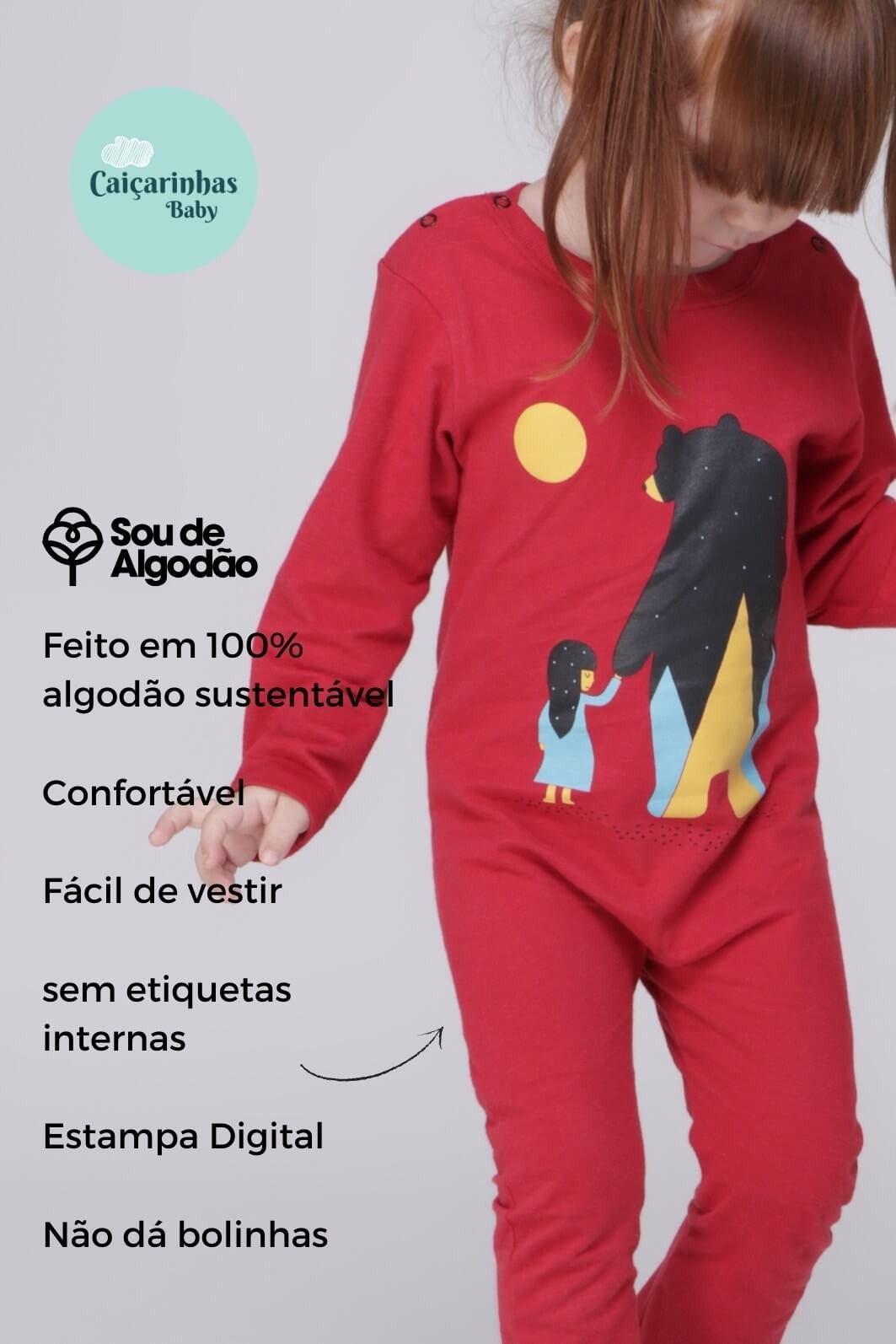 Macacão Bebê Longo Manga Longa Algodão Sustentável Confortável Vermelho Menina e Urso
