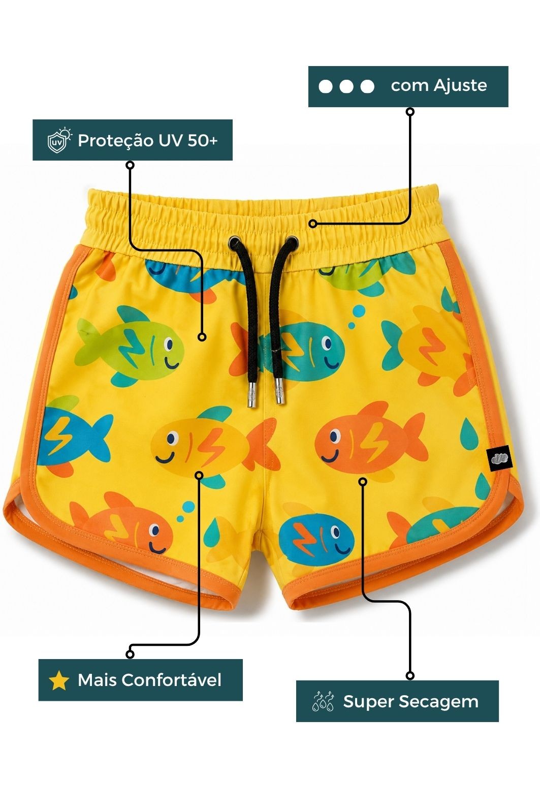 Short Infantil Boleado Tactel com ajuste na cintura UV 50+o Amarelo Peixinhos