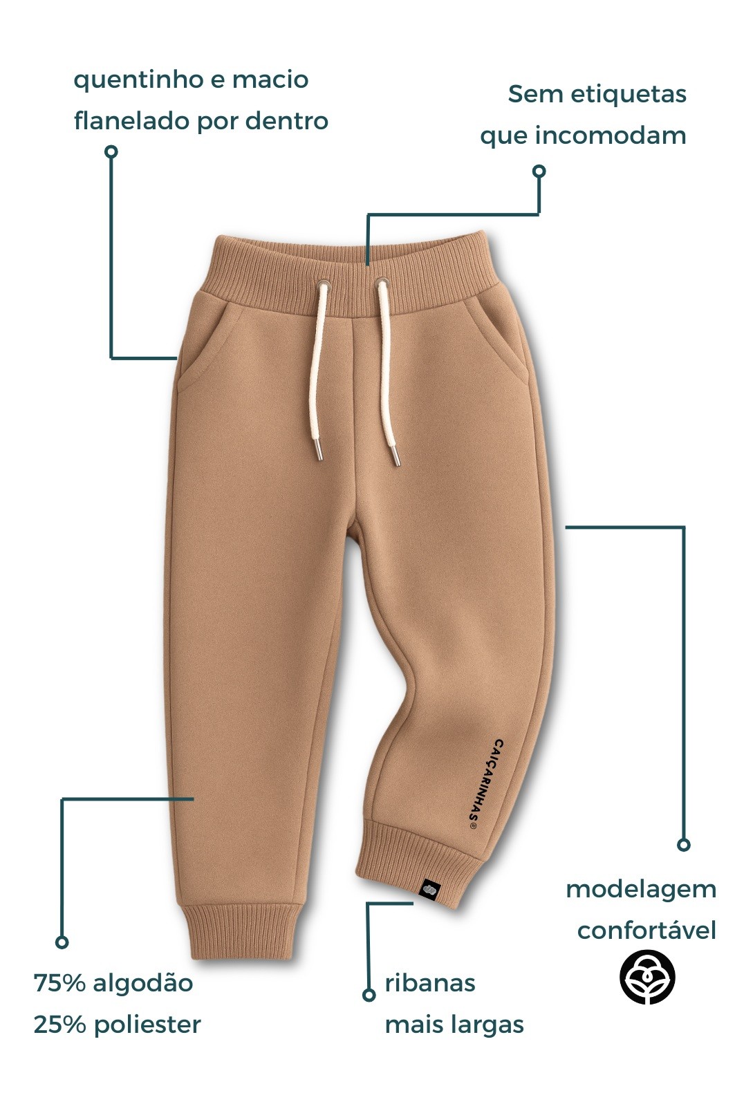 Calça infantil Jogger Camelo com punho na cintura e tornozelo em tecido Moletom Flanelado Calça infantil Jogger Camelo com punho na cintura e tornozelo em tecido Moletom Flanelado