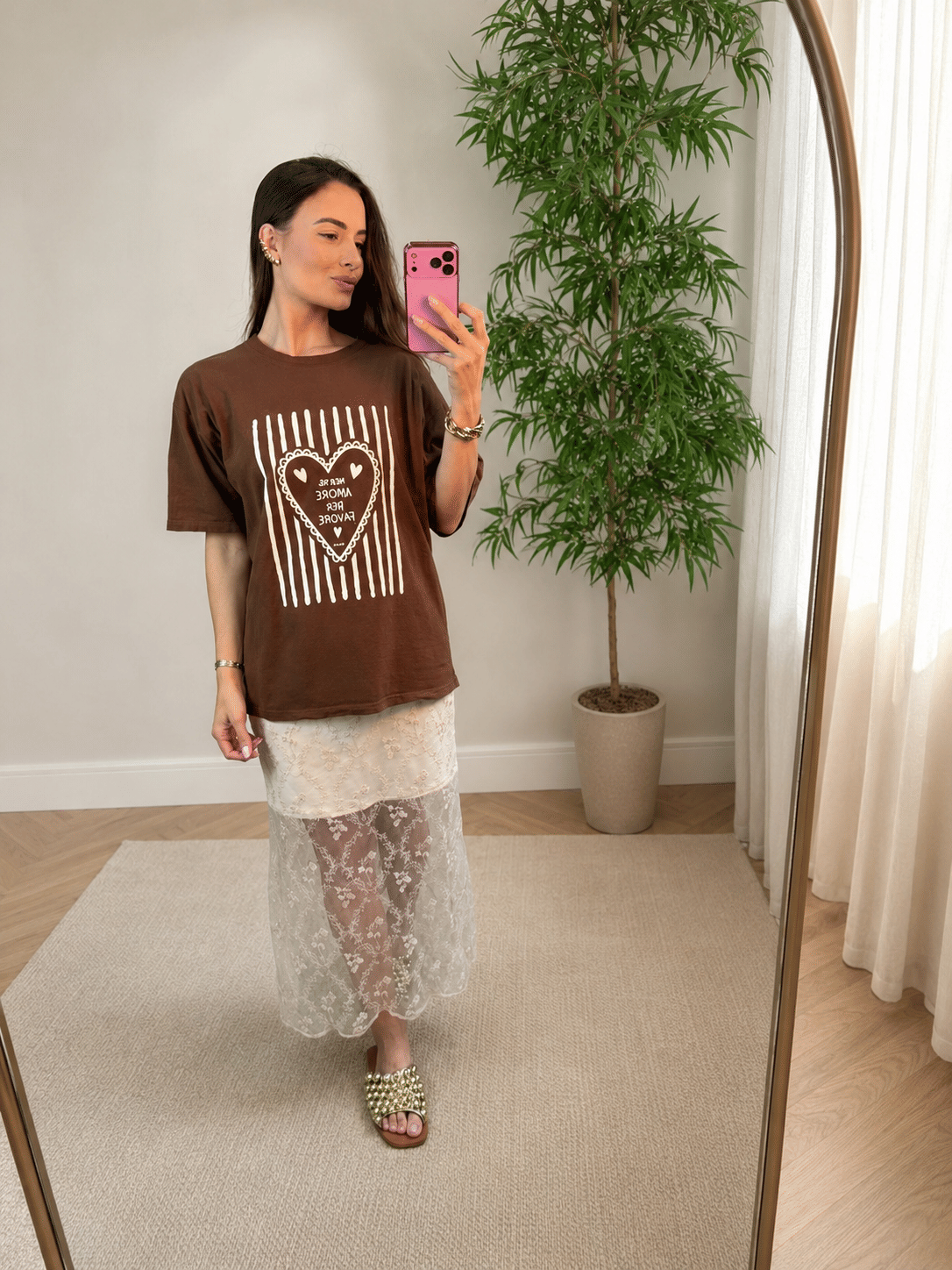 T-SHIRT OVERSIZED ESTONADA MORE AMORE - MARROM