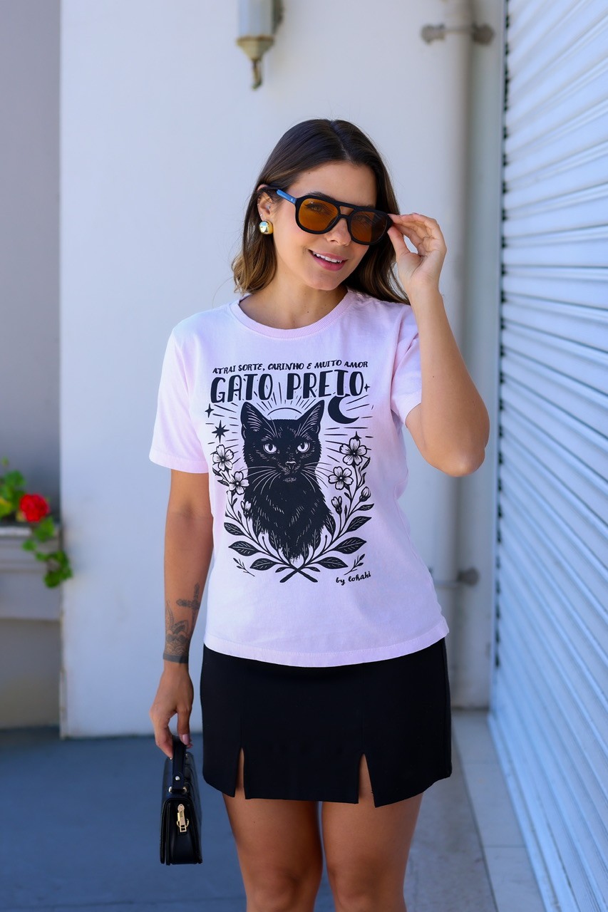 T-SHIRT ESTONADA GATO PRETO - ROSA CANDY T-SHIRT ESTONADA GATO PRETO - ROSA CANDY