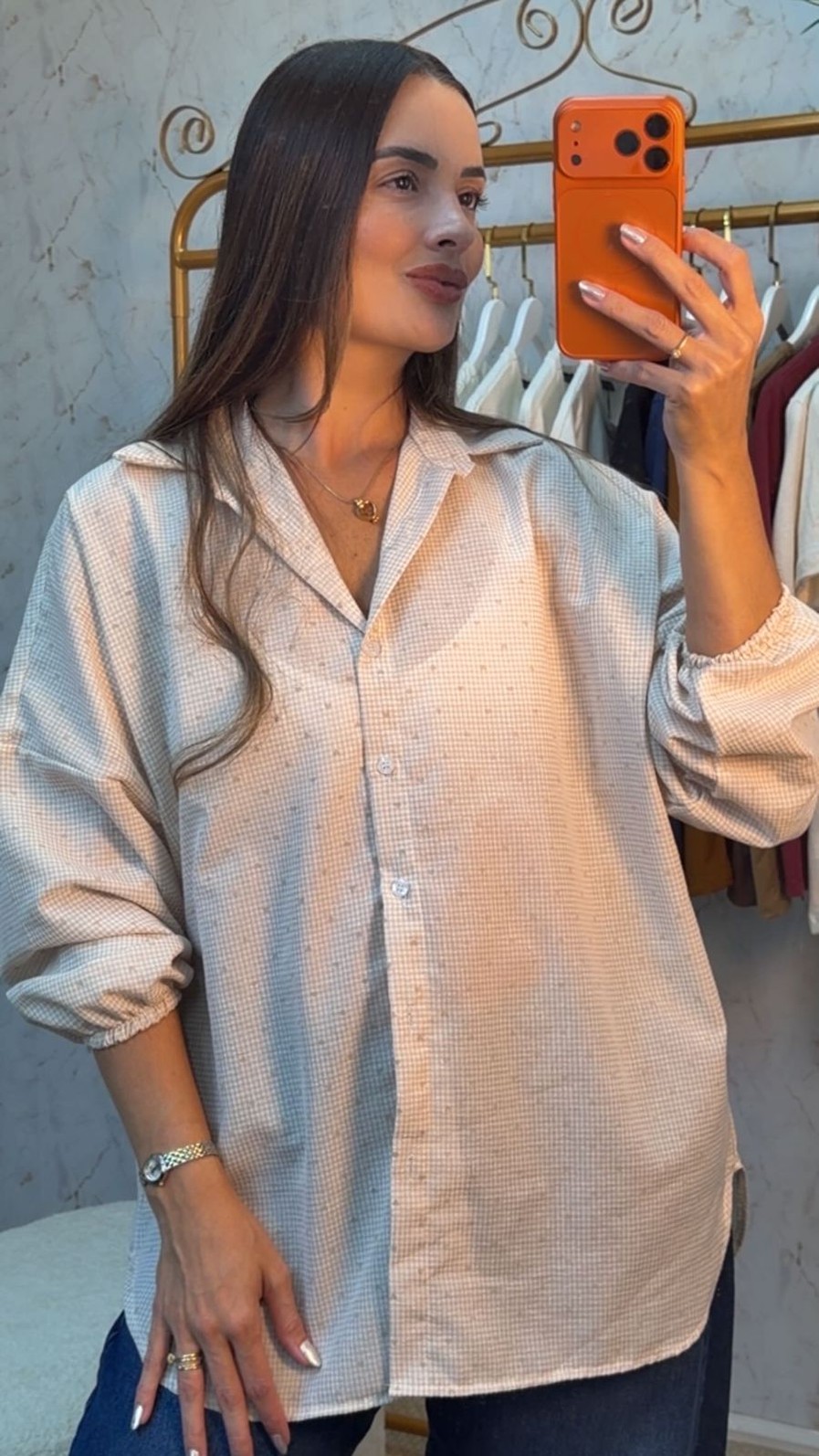 CAMISA OVERSIZED VICHY HEART - BEGE