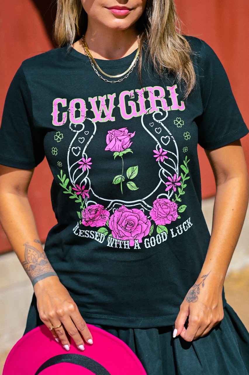 T-SHIRT COWGIRL LUCK - PRETO