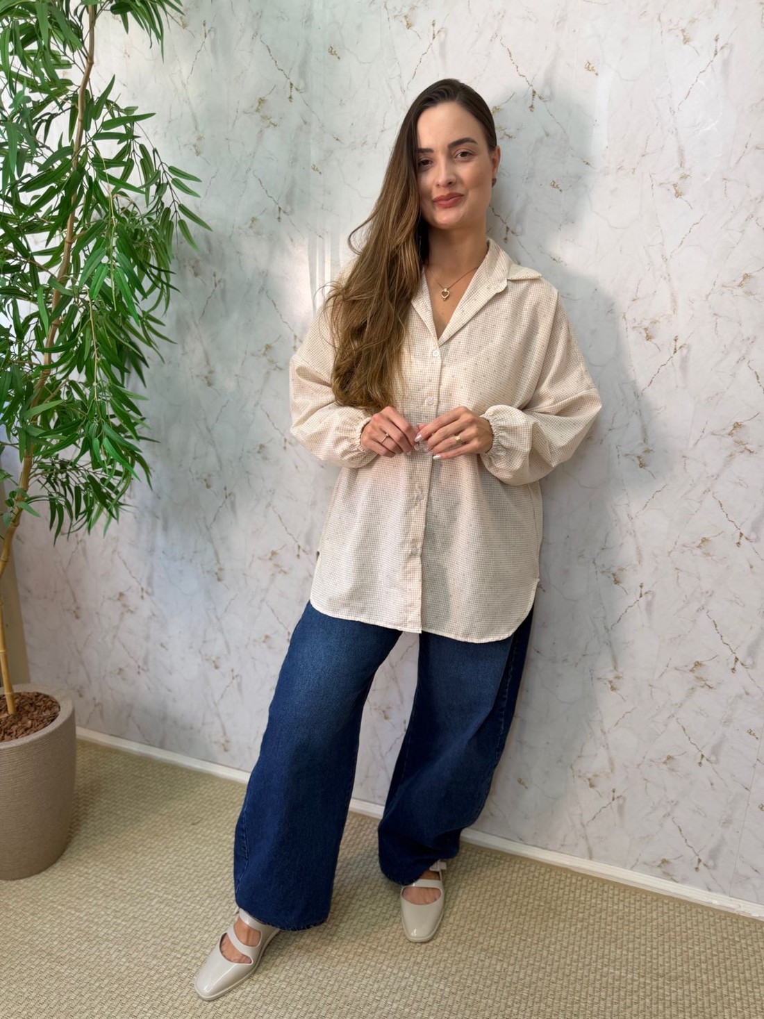 CAMISA OVERSIZED VICHY HEART - BEGE