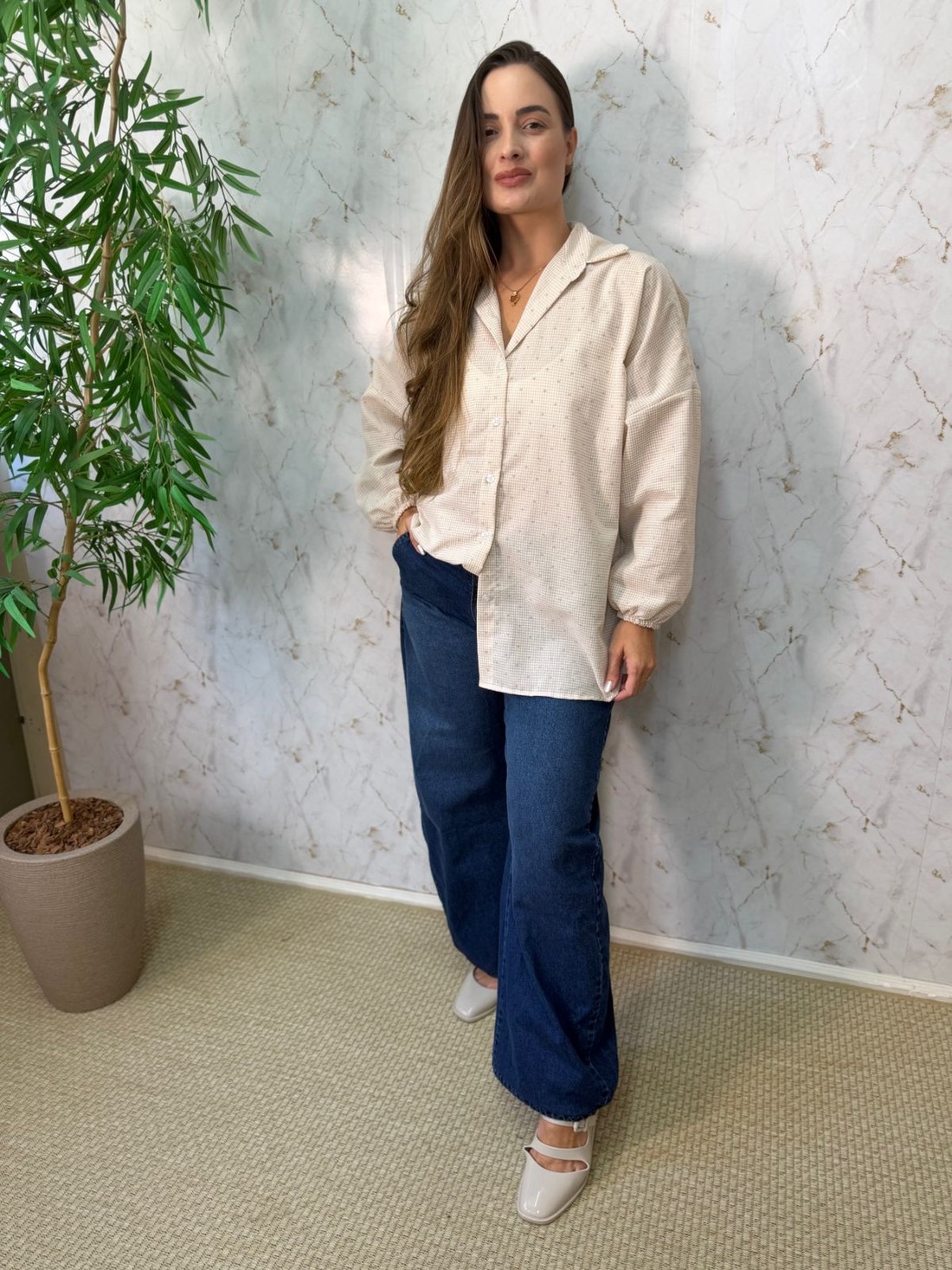 CAMISA OVERSIZED VICHY HEART - BEGE