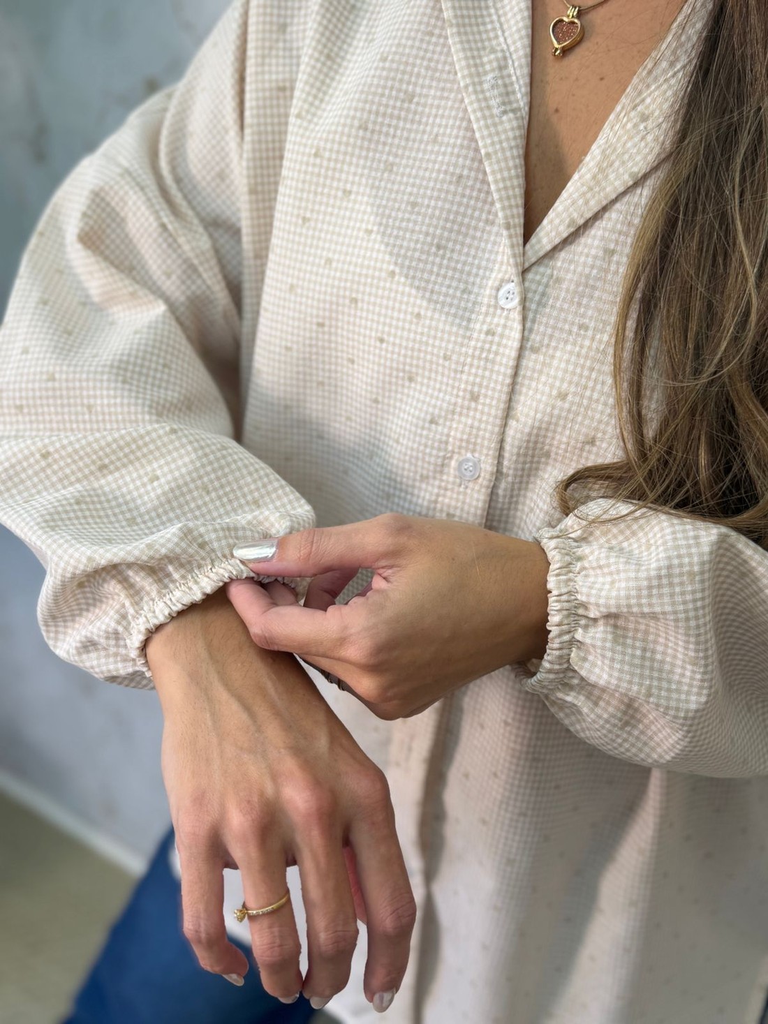 CAMISA OVERSIZED VICHY HEART - BEGE