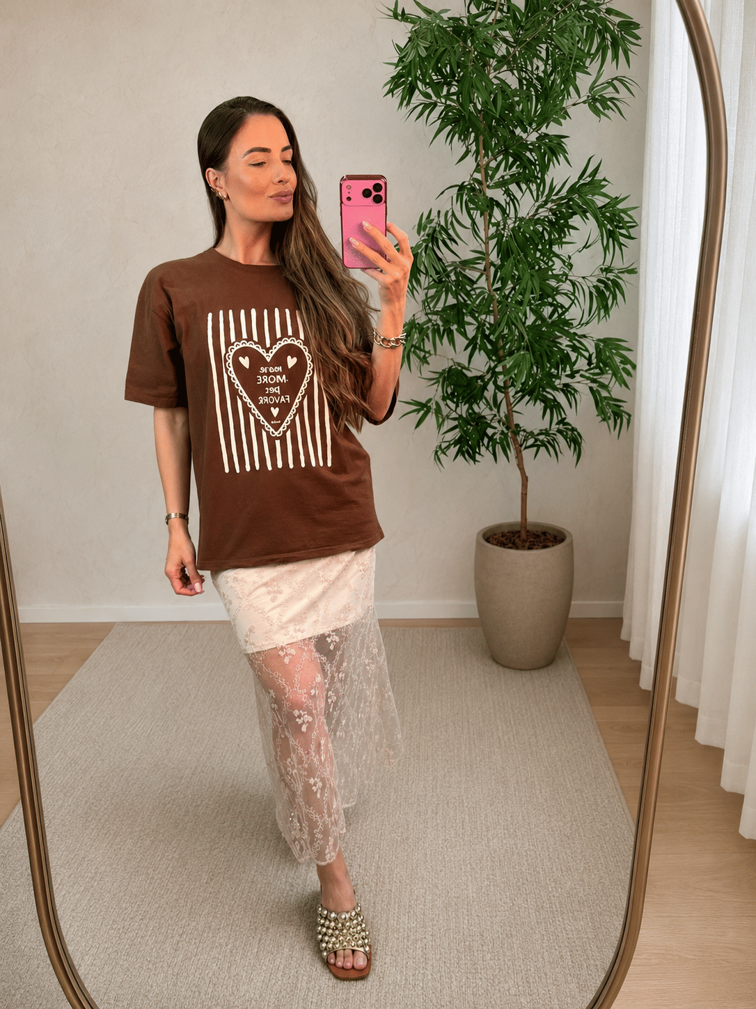 T-SHIRT OVERSIZED ESTONADA MORE AMORE - MARROM