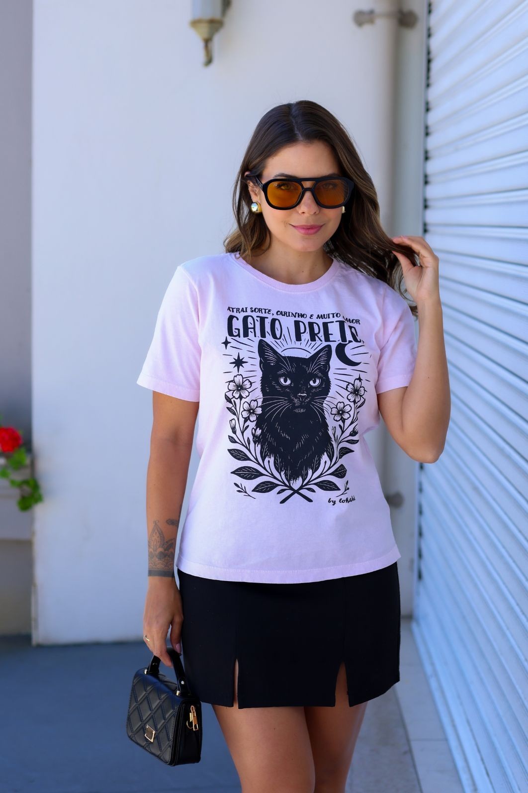 T-SHIRT ESTONADA GATO PRETO - ROSA CANDY T-SHIRT ESTONADA GATO PRETO - ROSA CANDY