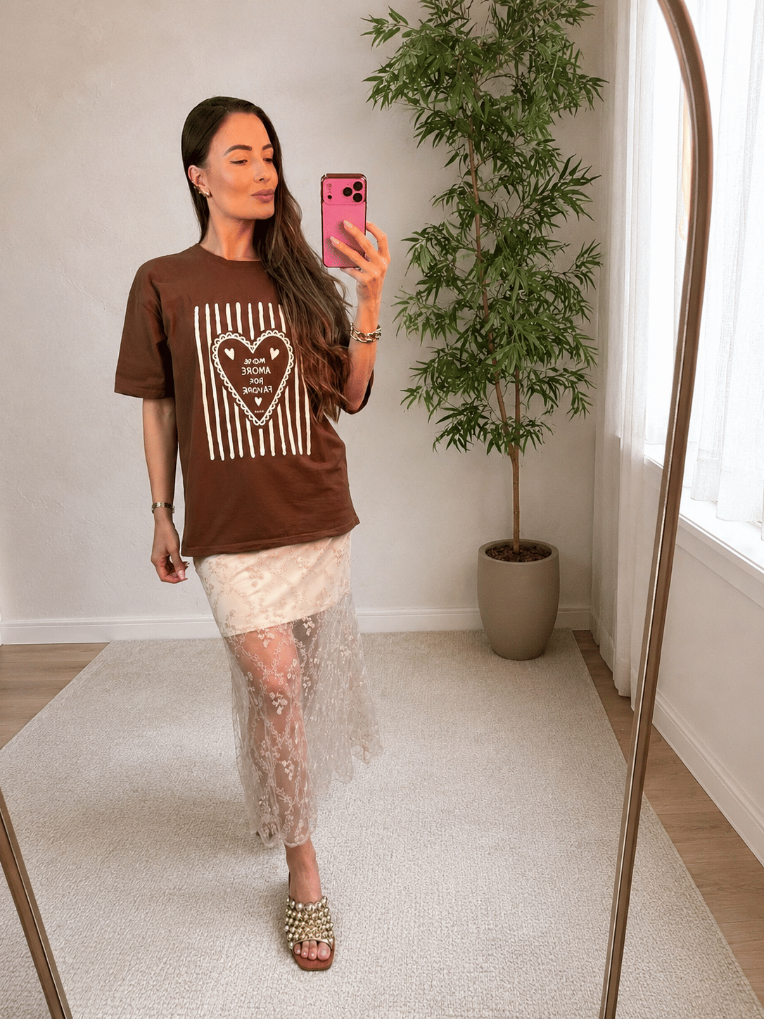 T-SHIRT OVERSIZED ESTONADA MORE AMORE - MARROM