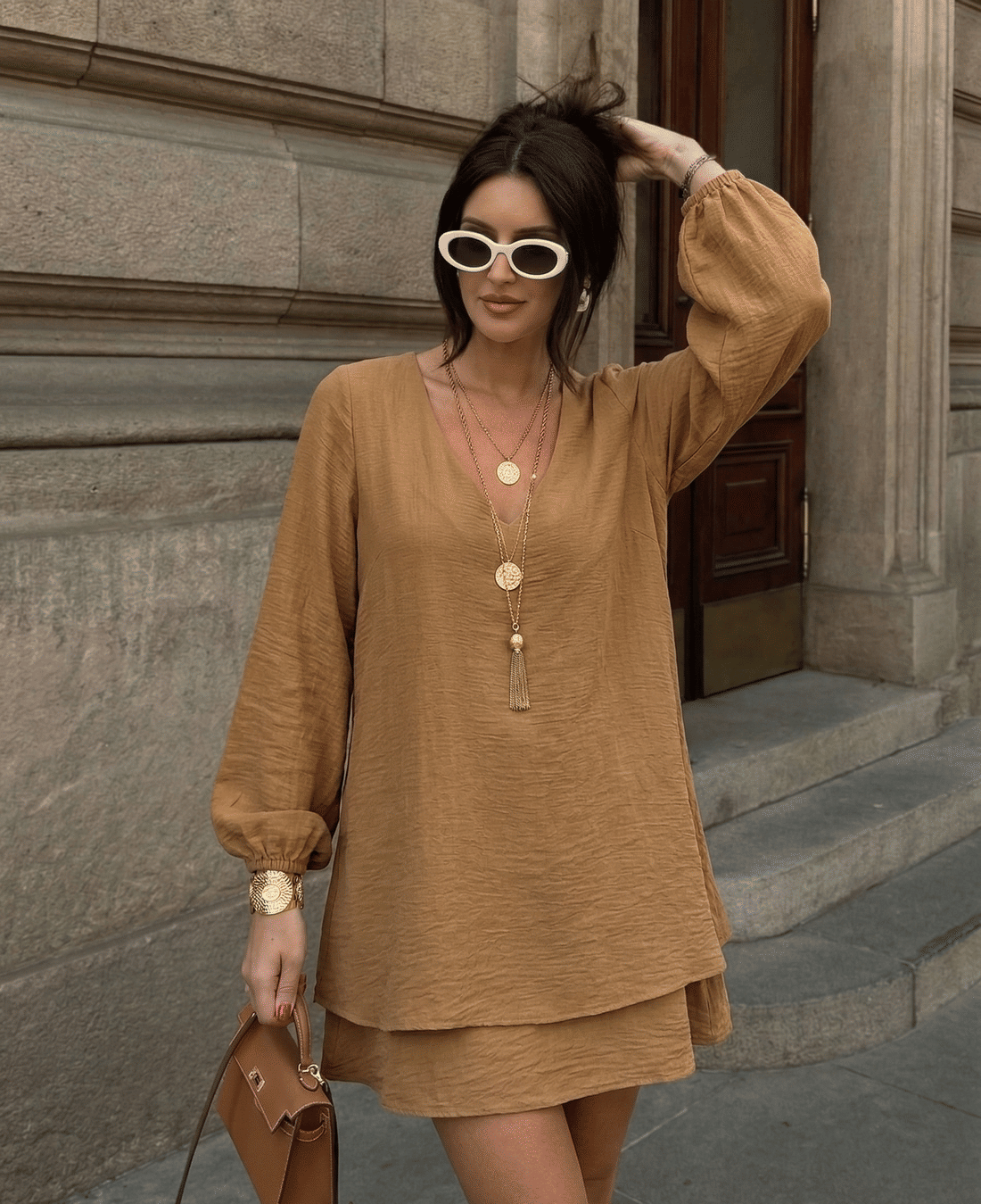 VESTIDO DUPLO MANGA LONGA - MASCAVO VESTIDO DUPLO MANGA LONGA - MASCAVO