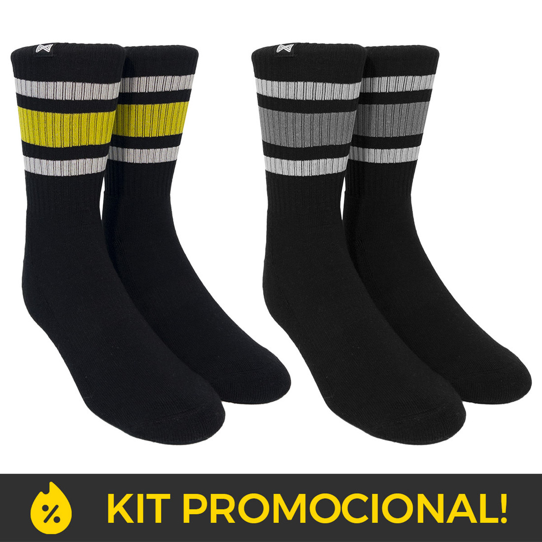 Kit Meia Esportiva Norden Stripe - Preto Cinza e Amarelo