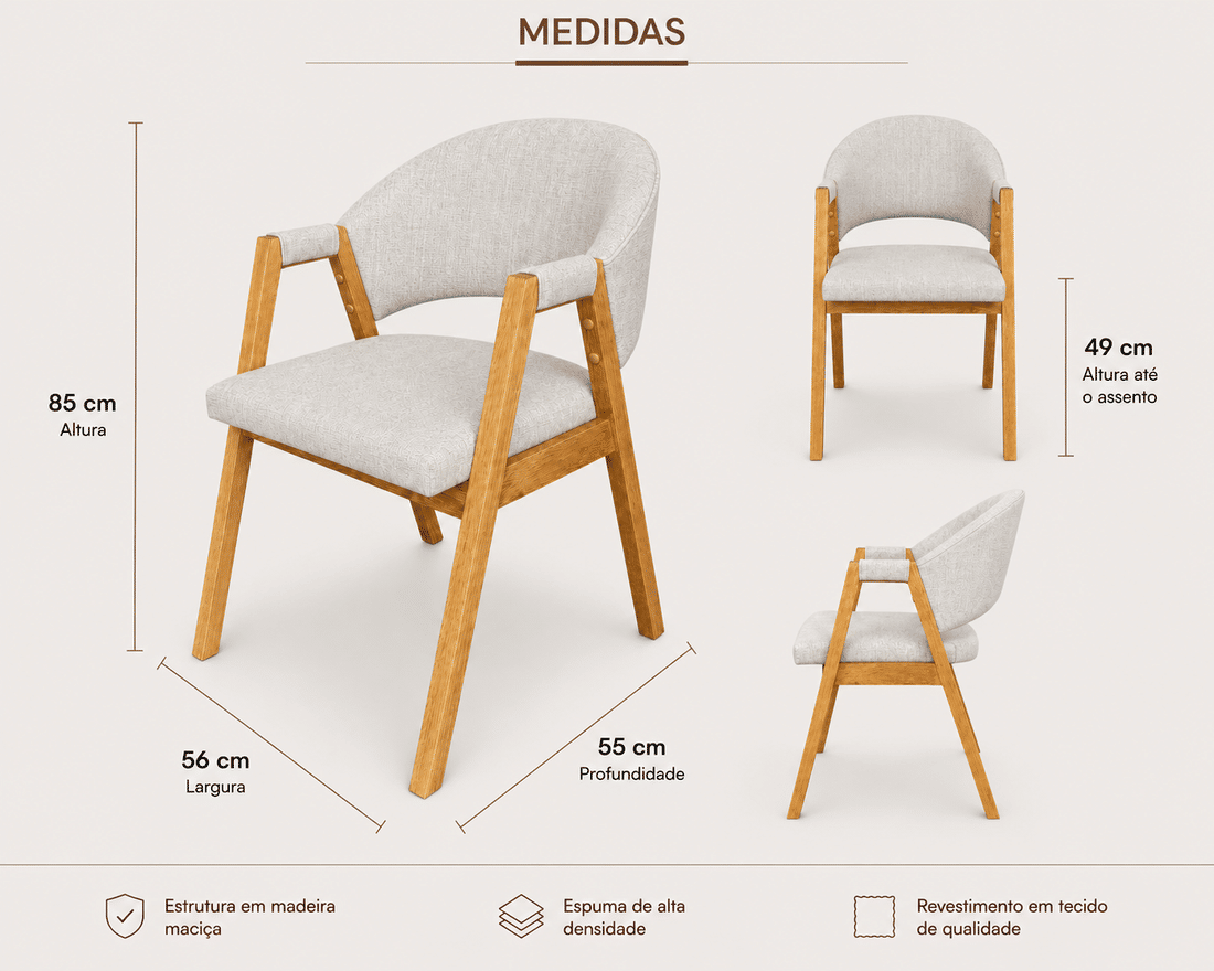 Cadeira Montreal Braços em Madeira Cor Mel e Estofado Linho Offwhite Cadeira Montreal Braços em Madeira Cor Mel e Estofado Linho Offwhite