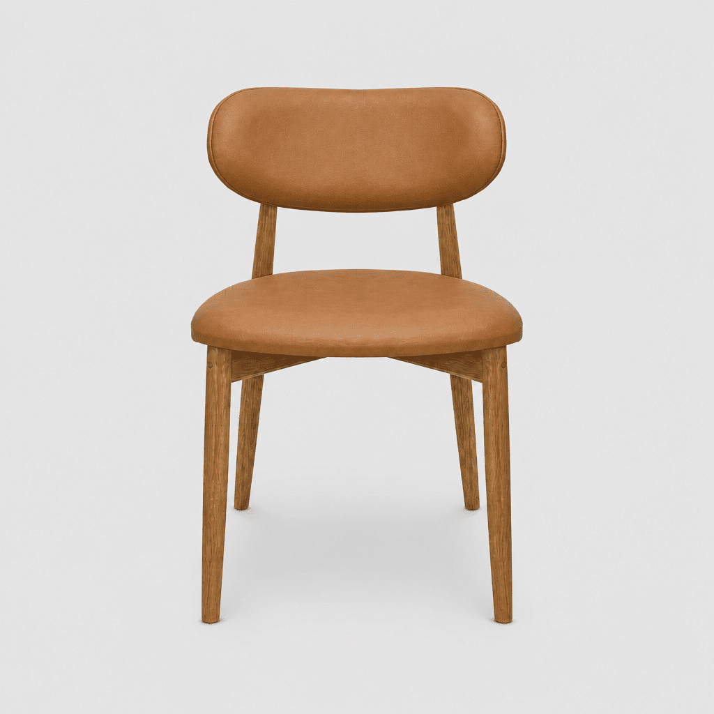 Cadeira Porto Estofada Corino Caramelo em Madeira Maciça cor Imbuia com Design Minimalista Cadeira Porto Estofada Corino Caramelo em Madeira Maciça cor Imbuia com Design Minimalista
