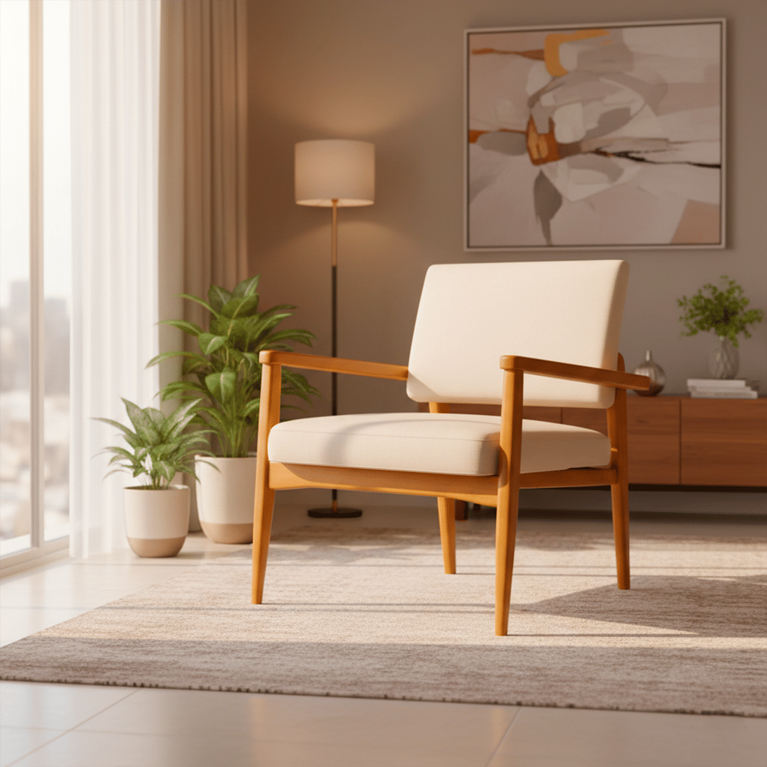 Poltrona de Madeira Estofada Cortona Moderna e Confortável Com Detalhe Em Aço