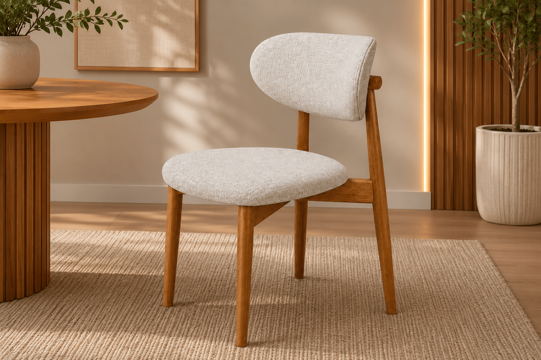 Cadeira Porto Estofada Linho Off-White em Madeira Maciça cor Imbuia com Design Minimalista Cadeira Porto Estofada Linho Off-White em Madeira Maciça cor Imbuia com Design Minimalista