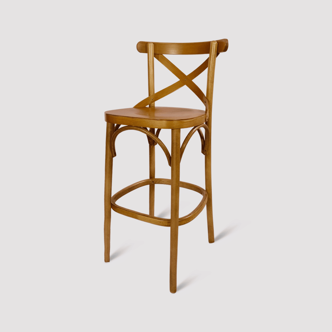 Banqueta Espanha X em Madeira Maciça com Encosto Cruzado Banqueta Espanha X em Madeira Maciça com Encosto Cruzado