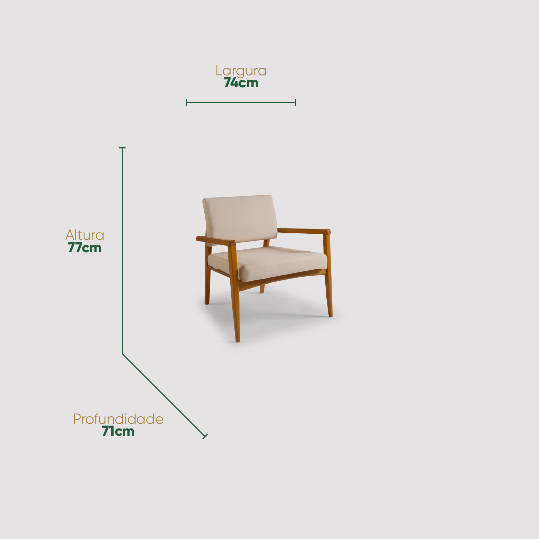 Poltrona de Madeira Estofada Cortona Moderna e Confortável Com Detalhe Em Aço