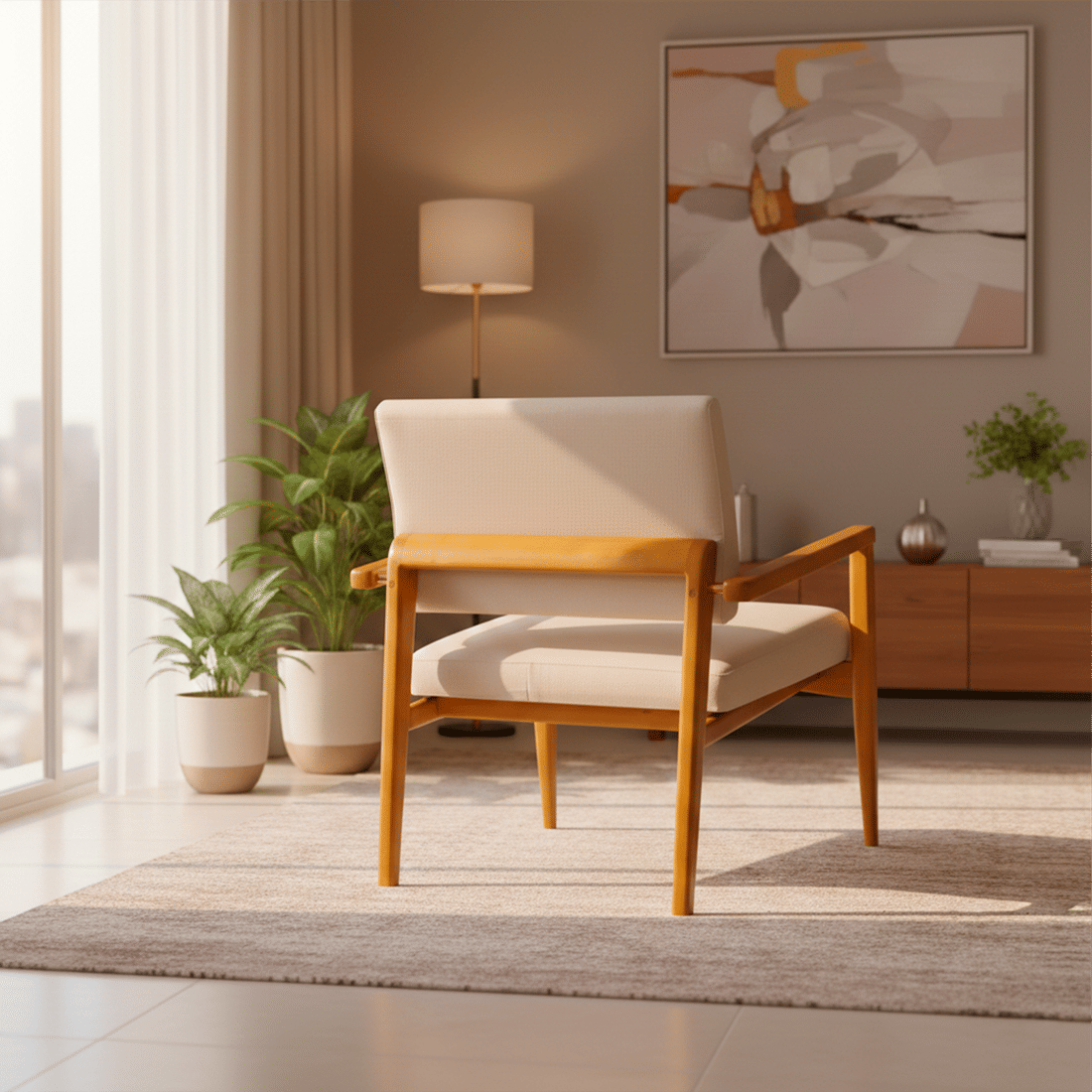 Poltrona de Madeira Estofada Cortona Moderna e Confortável Com Detalhe Em Aço