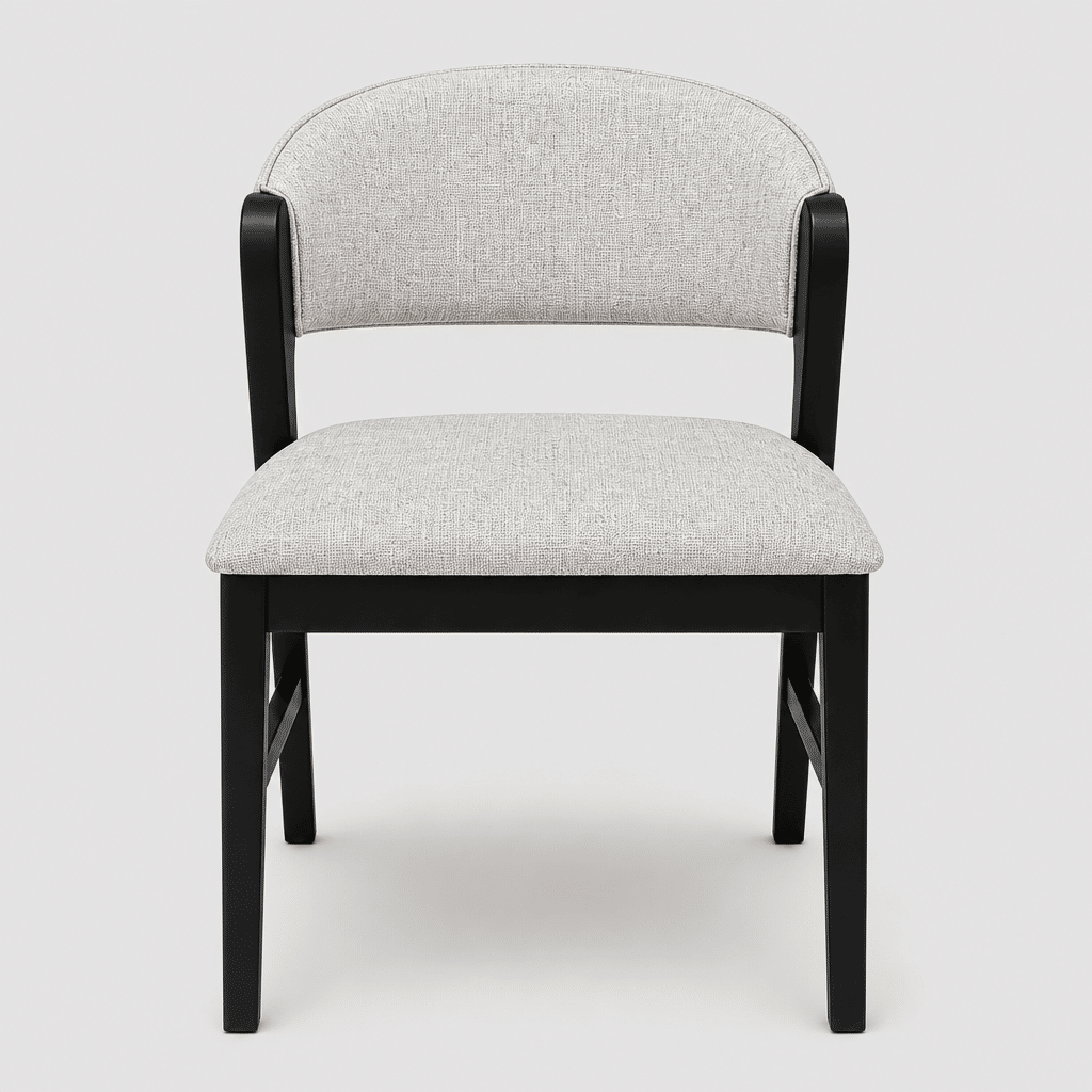 Cadeira Seul Braços em Madeira Cor Preto Laqueado e Toda Estofada Linho Offwhite Cadeira Seul Braços em Madeira Cor Preto Laqueado e Toda Estofada Linho Offwhite