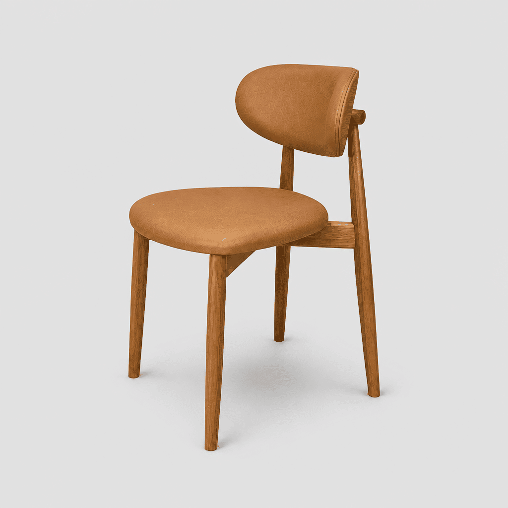 Cadeira Porto Estofada Corino Caramelo em Madeira Maciça cor Imbuia com Design Minimalista Cadeira Porto Estofada Corino Caramelo em Madeira Maciça cor Imbuia com Design Minimalista