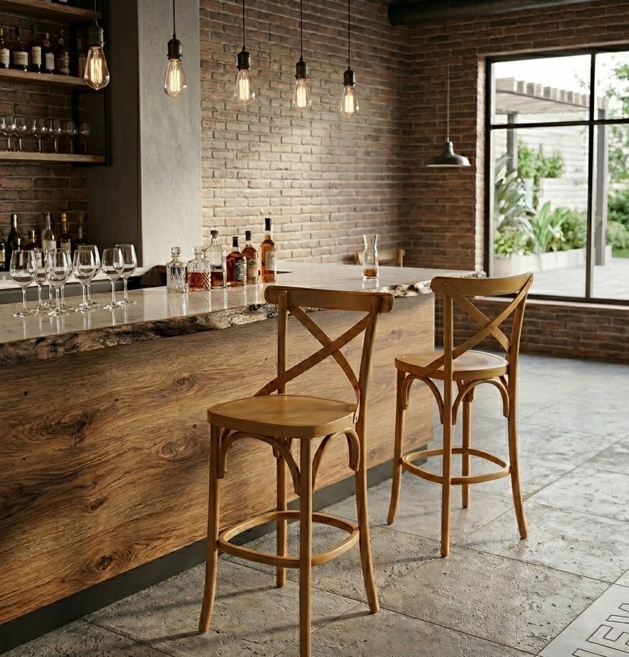 Banqueta Espanha X em Madeira Maciça com Encosto Cruzado Banqueta Espanha X em Madeira Maciça com Encosto Cruzado