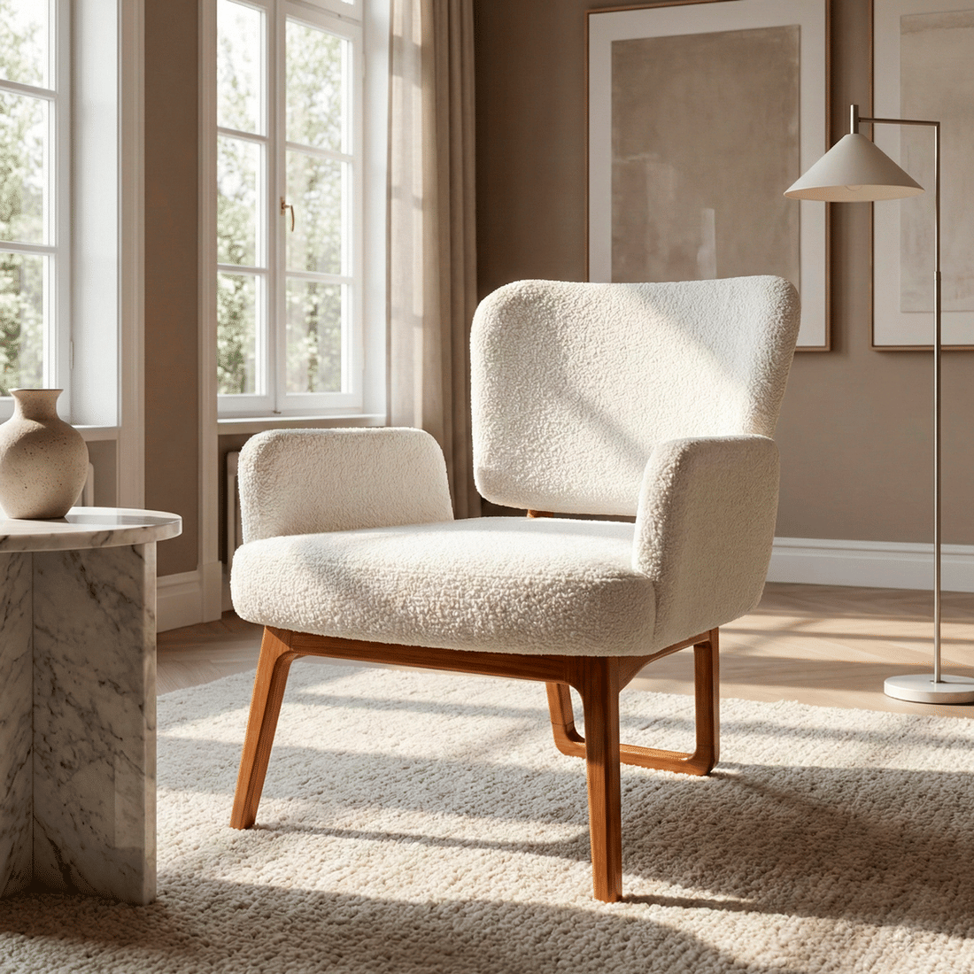 Poltrona de Madeira Maciça Estofado Bouclé Varenna Moderna Poltrona de Madeira Maciça Estofado Bouclé Varenna Moderna